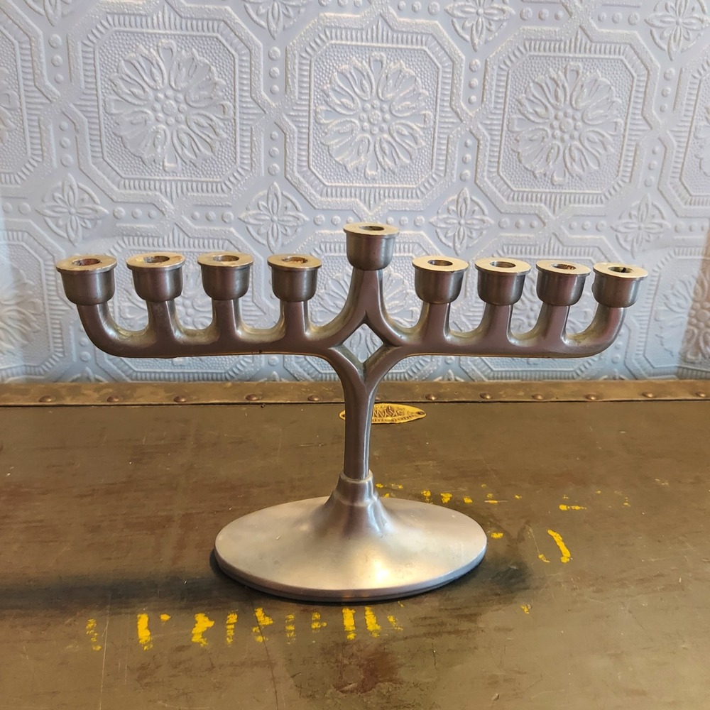 Restoration Hardware Brushed Aluminum Hanukkah Menorah Modern Silver 6x8